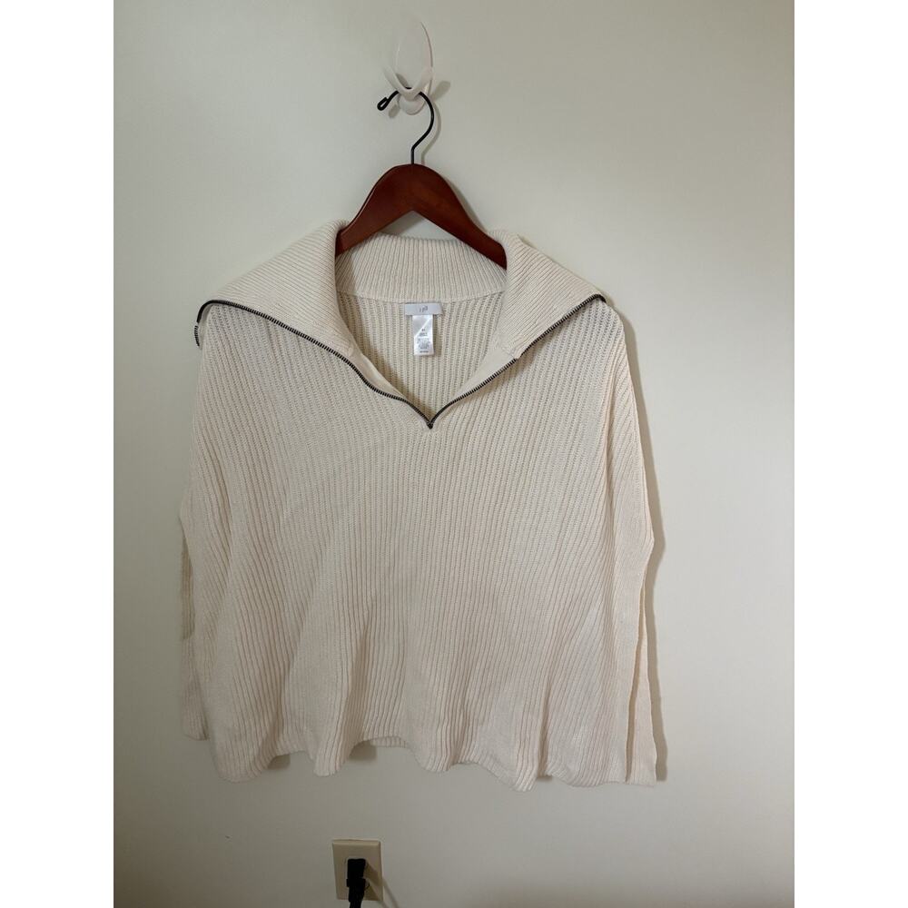 J Jill Cape Poncho Sweater 1/4 Zip Ribbed Knit Cream Neutral One Size S - L